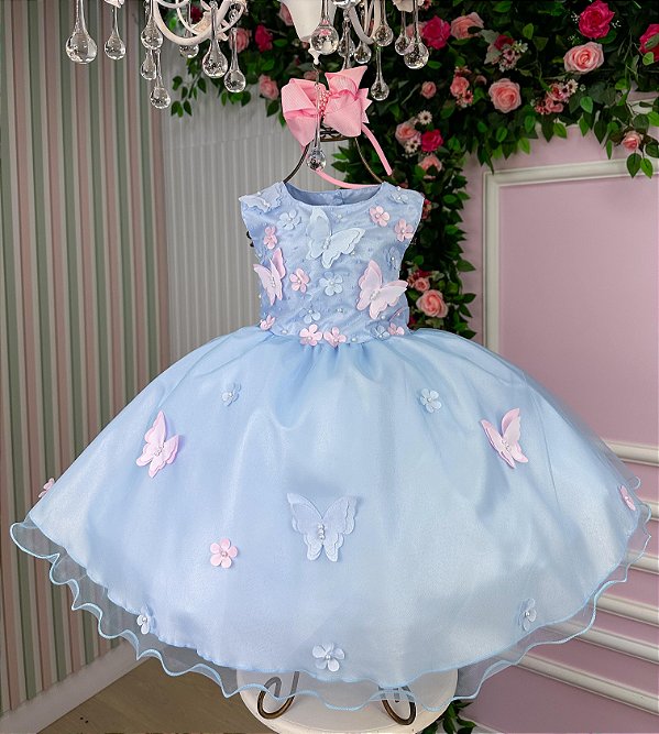 Vestido Marie Jardim das Borboletas Azul Bebe Viviane