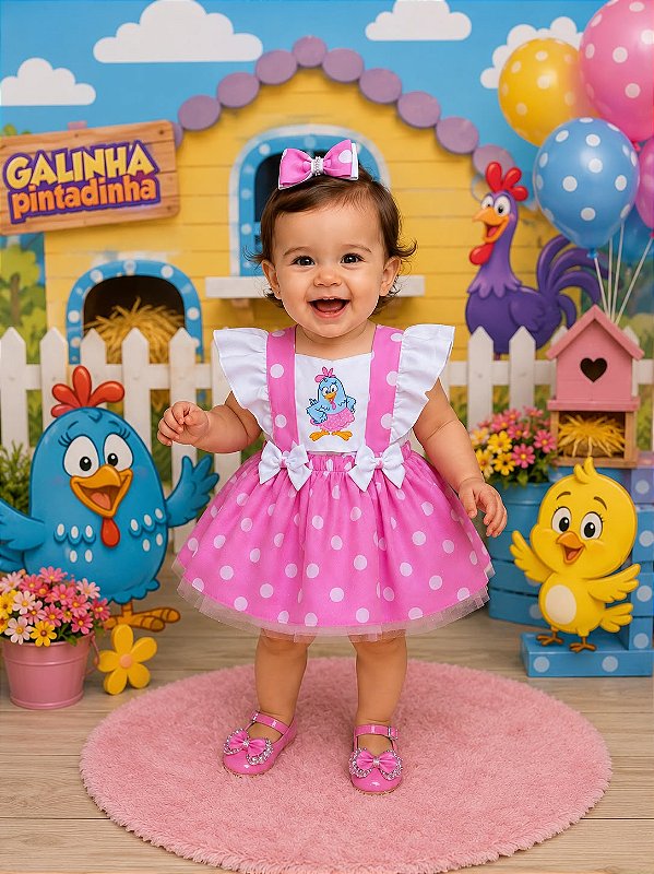 Romper/Vestido Princesa Belli Galinha Pintadinha Rosa