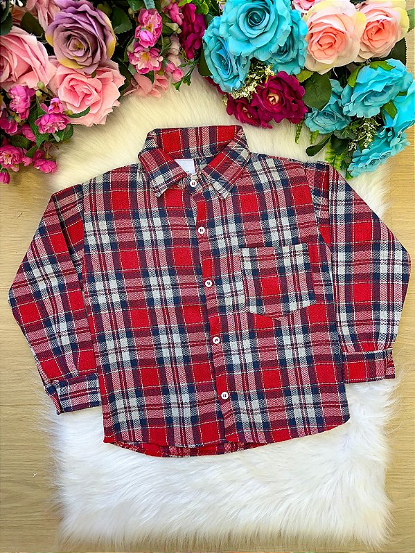 Camisa Xadrez Henrique Vermelha e Azul Marinho Flanela/Flanelada Junina