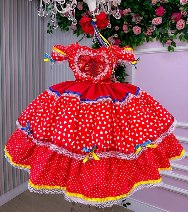 Vestido Bella Child Junino Quadrilha do Amor Luxo Vermelho