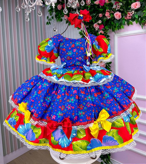 Vestido Junino Mimadine Arraia das Flores Azul