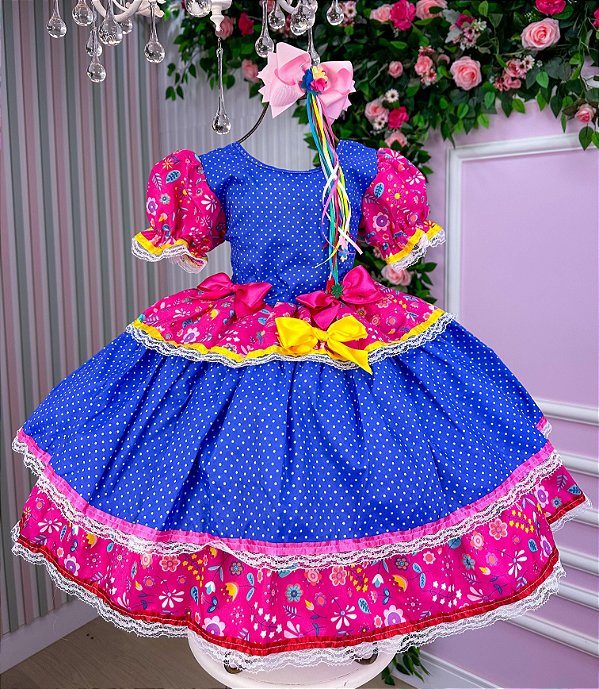 Vestido Junino Mimadine Quadrilha Luxuosa Azul