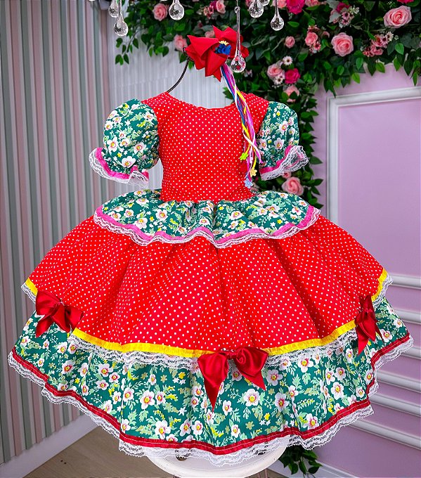 Vestido Junino Mimadine Quadrilha das Flores Vermelho