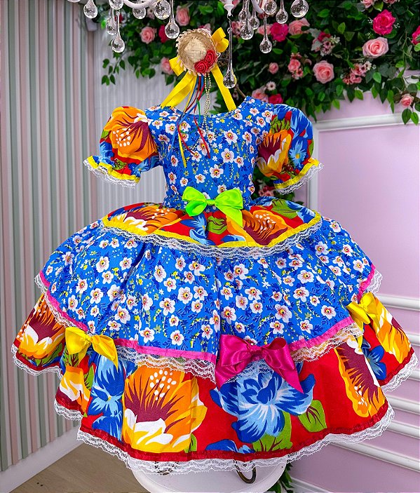 Vestido Junino Mimadine Luxo Encantado Azul Florido