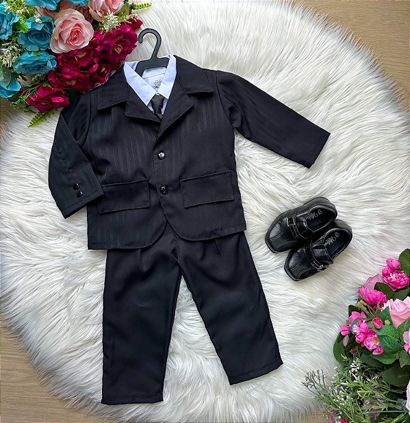 Conjunto Miss Cherry Social Terno - Blaizer Listrado e Calça Lisa Gael Preto