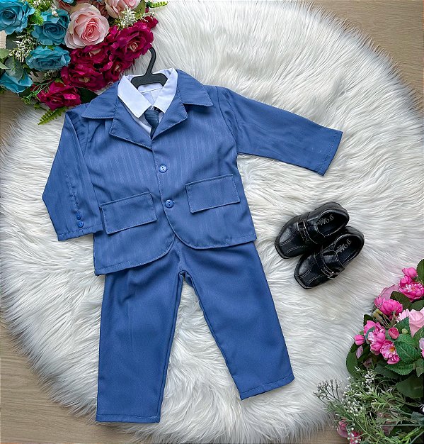Conjunto Miss Cherry Social Terno - Blaizer Listrado e Calça Lisa Gael Azul
