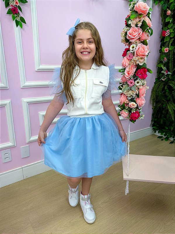 Vestido Blogueirinha Babado Rebeca Azul Bebe