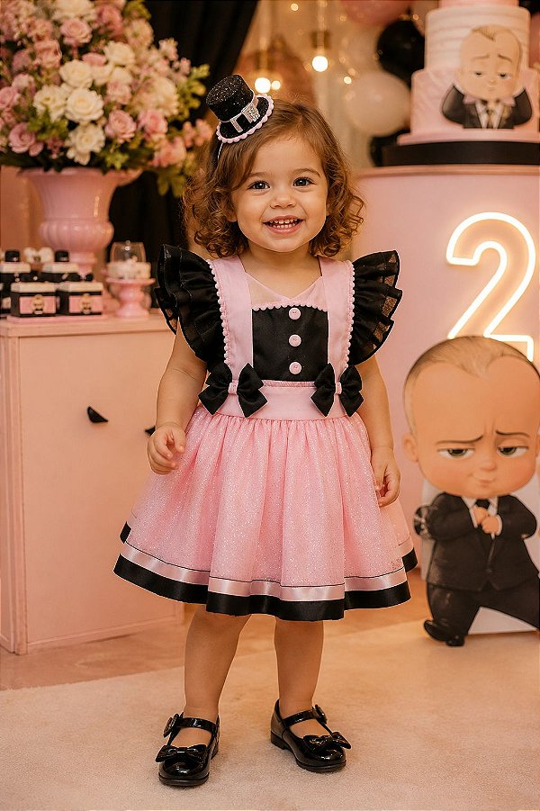 Romper/Vestido Princesa Belli Mundo Bita Rosa e Preto