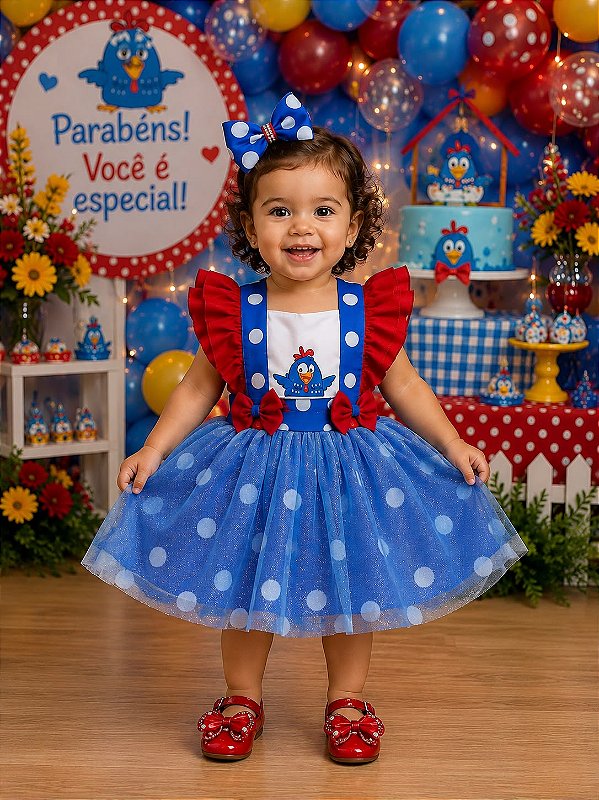 Romper/Vestido Princesa Belli Galinha Pintadinha Azul e Vermelho