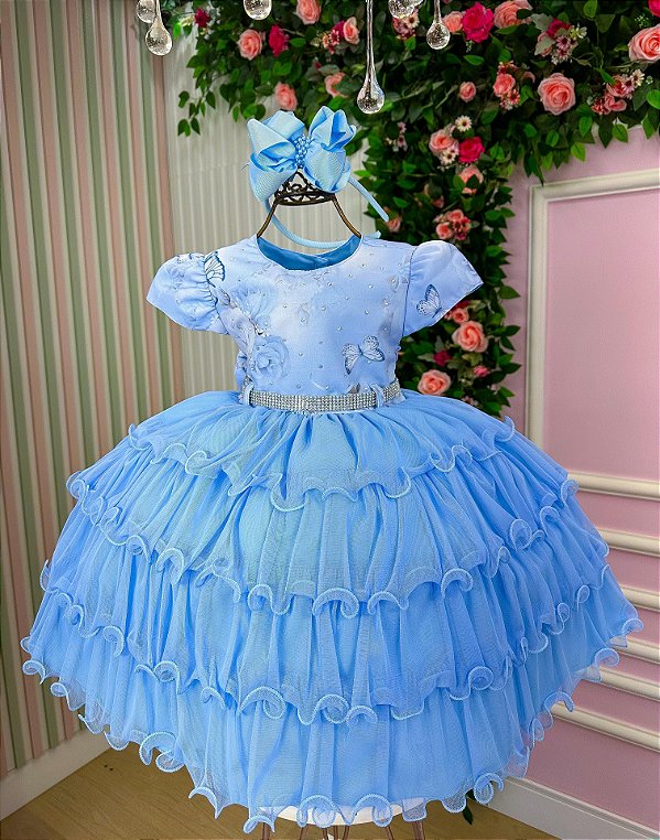 Vestido Menina Bonita Jardim das Borboletas Gisele Azul Bebe