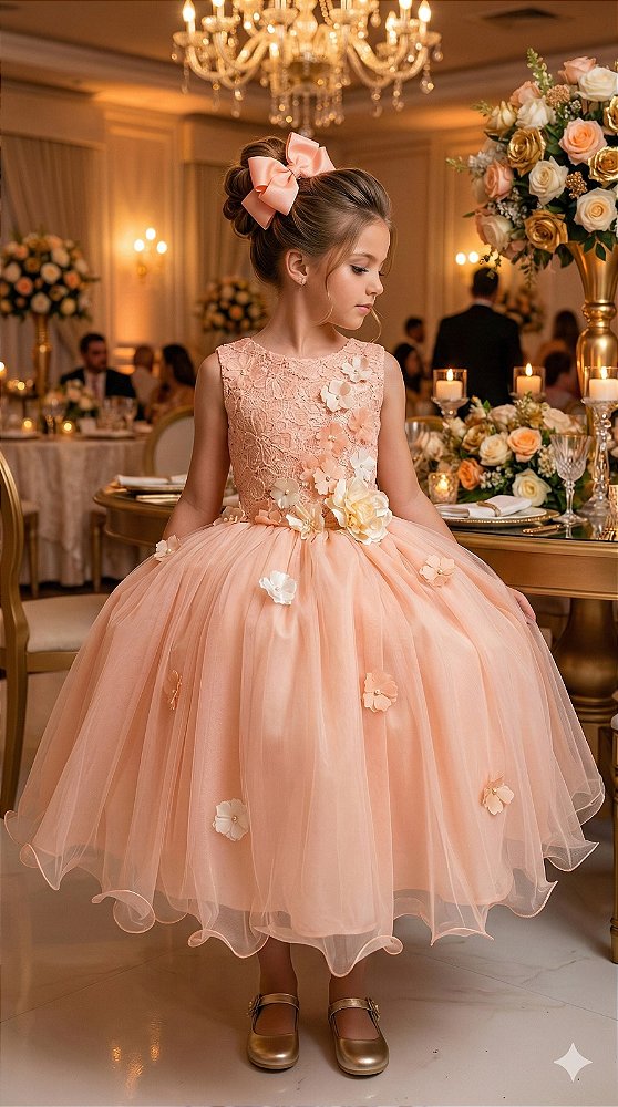 Vestido Juvenil Vila Lele Regata Flores Pessego