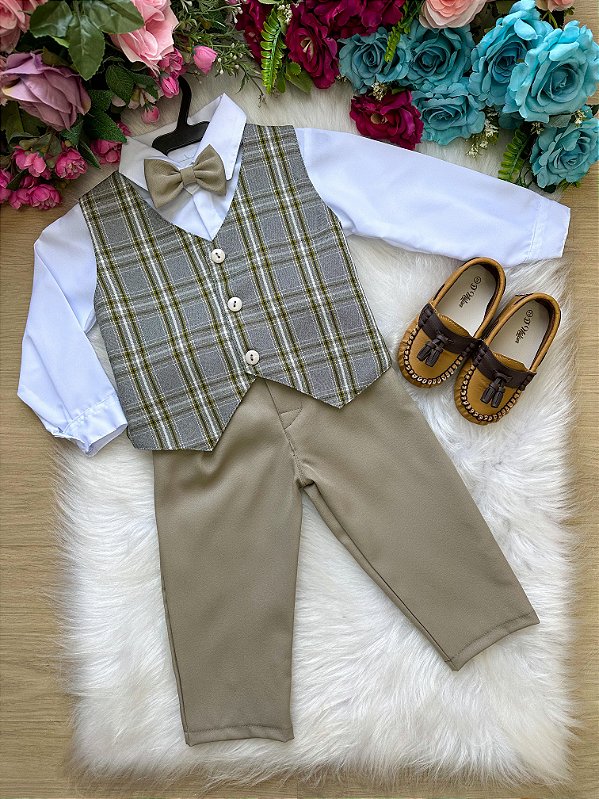 Conjunto Miss Cherry Luan Colete Xadrez Bege