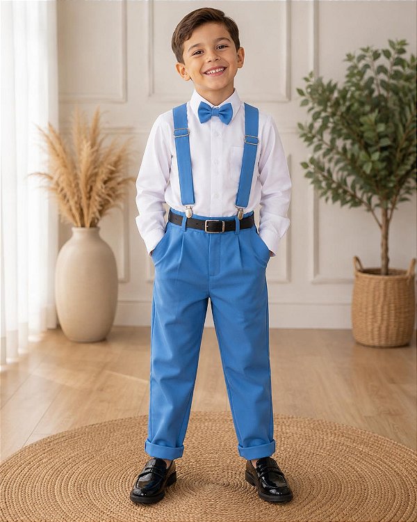 Conjunto Meninos Miss Cherry Leo Suspensorio Azul Serenity