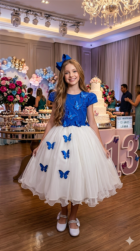 Vestido Juvenil - Midi Vila Lele Sabrina Azul Royal e Off