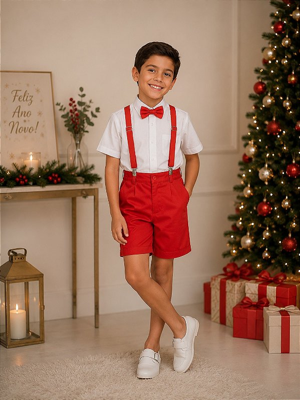 Conjunto Miss Cherry Henry Camisa Branca Suspensório Vermelho Modelo 2