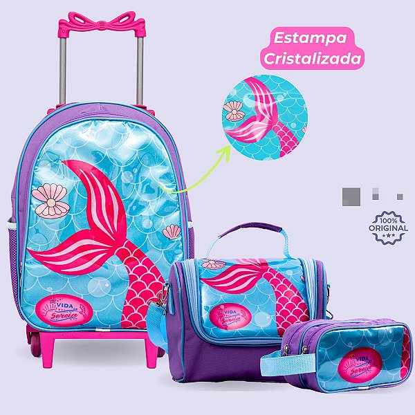 Kit Mochila Rodinhas + Lancheira + Estojo Sereia