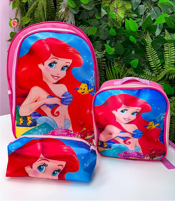 Kit Mochila de Costas + Lancheira + Estojo A Pequena Sereia - Ariel
