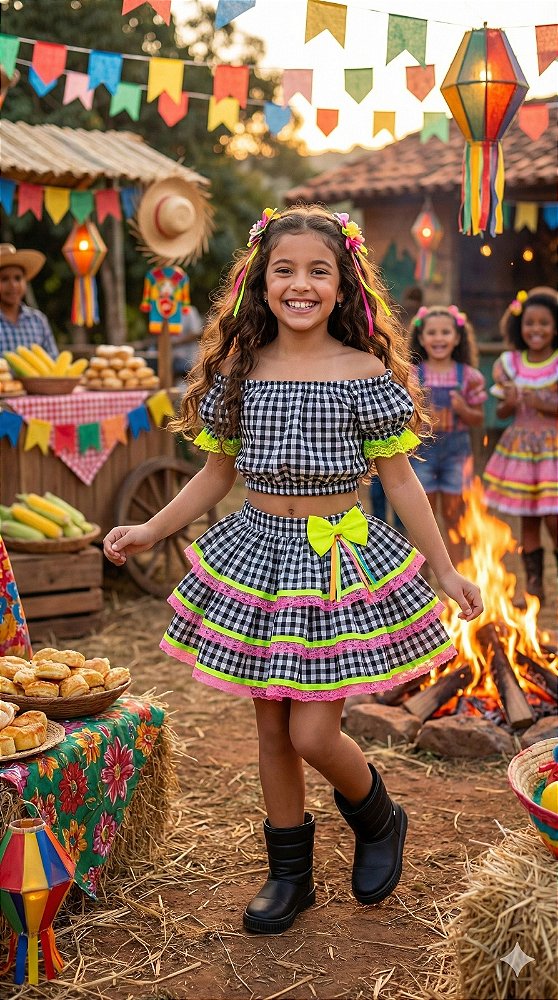 Conjunto Junino Banana Club Luxo Sofia Xadrez Preto