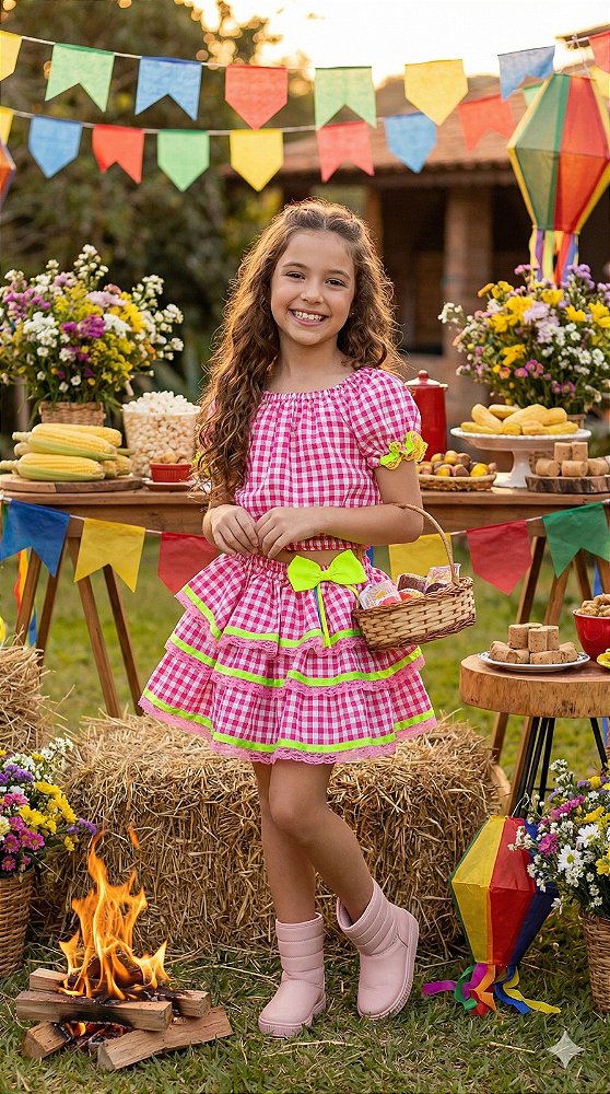 Conjunto Junino Banana Club Luxo Sofia Xadrez Rosa