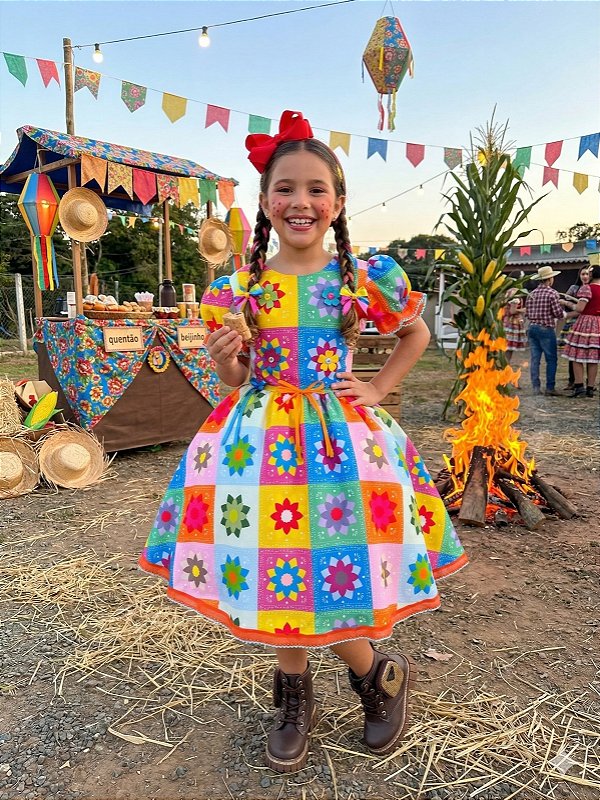 Vestido Marie Junino Luxo Quermesse Elegante Laranja