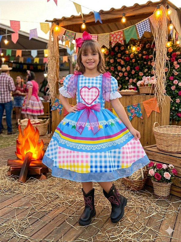 Vestido Marie Junino Luxo Quermesse do Amor Azul