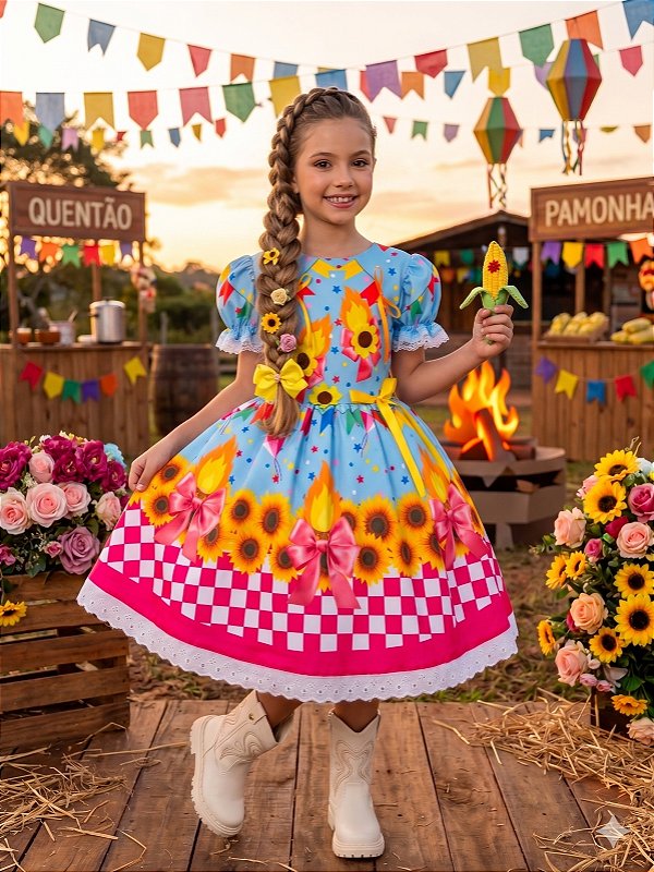 Vestido Marie Junino Luxo Quadrilha das Estrelas Azul