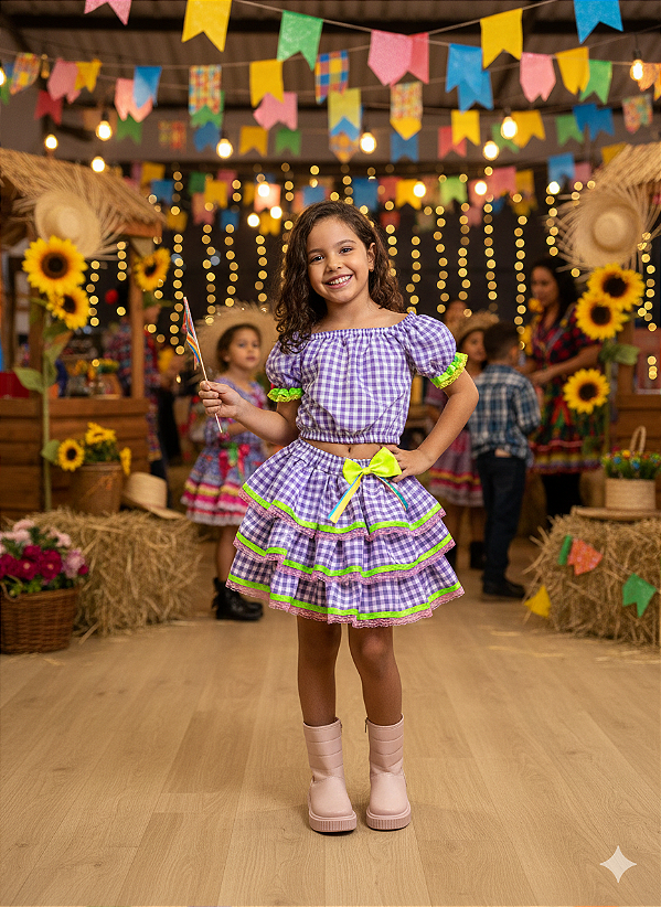 Conjunto Junino Banana Club Luxo Sofia Xadrez Lilas