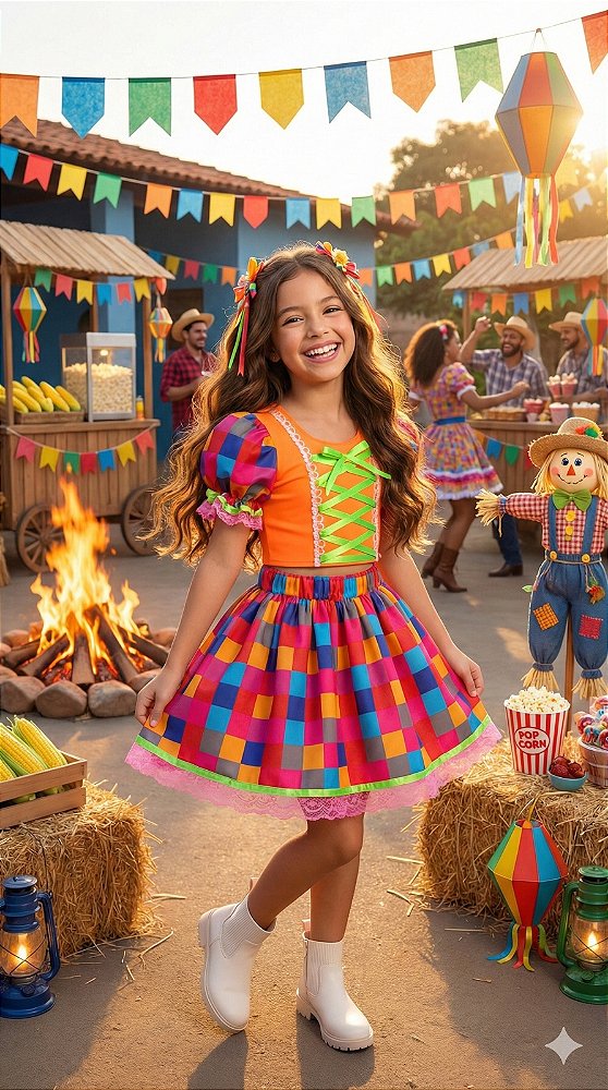 Conjunto Junino Banana Club Luxo Manu Laranja Neon