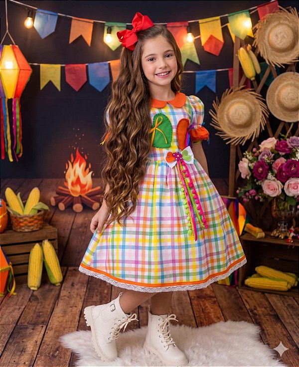 Vestido Marie Junino Luxo Dois Corações Laranja