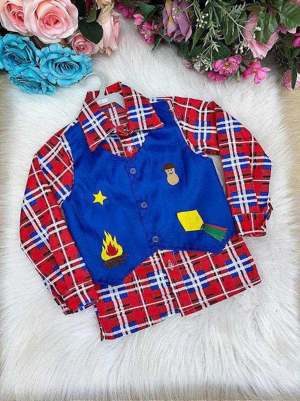 Camisa Junina Xadrez São Pedro Colete Azul