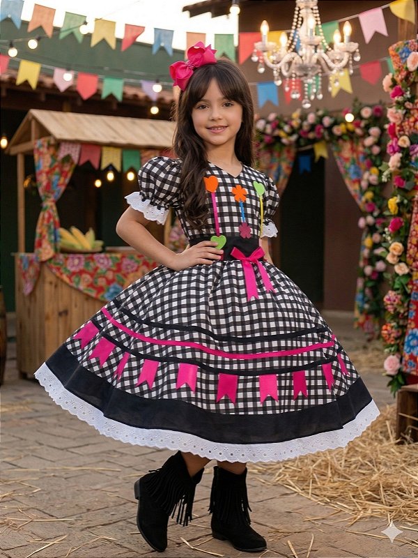 Vestido Marie Junino Luxo Arraia do Amor Preto