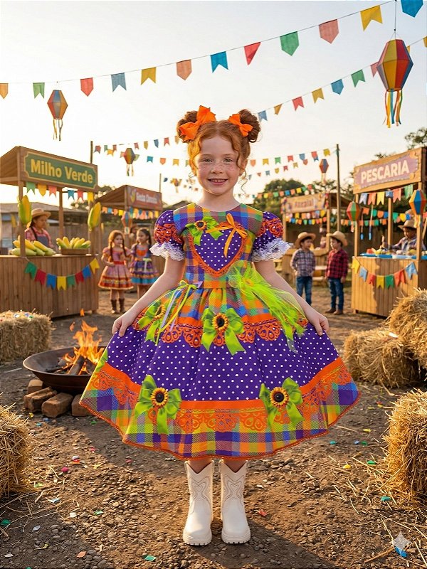 Vestido Marie Junino Luxo Arraia do Coração Roxo