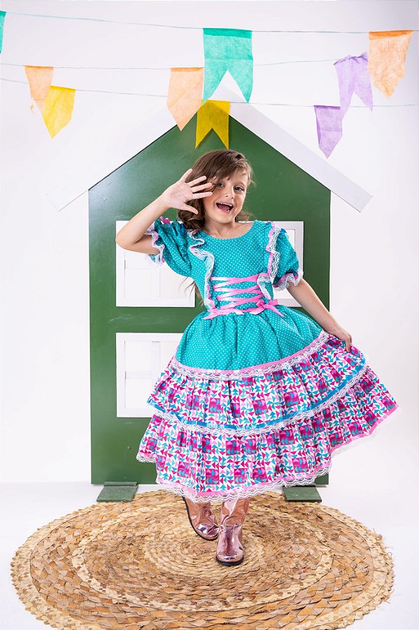 Vestido Bella Child Junino Forró Junino Verde Tiffany