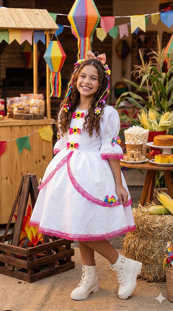 Vestido Junino Banana Club Luxo Noiva/Noivinha Lacinhos Branco