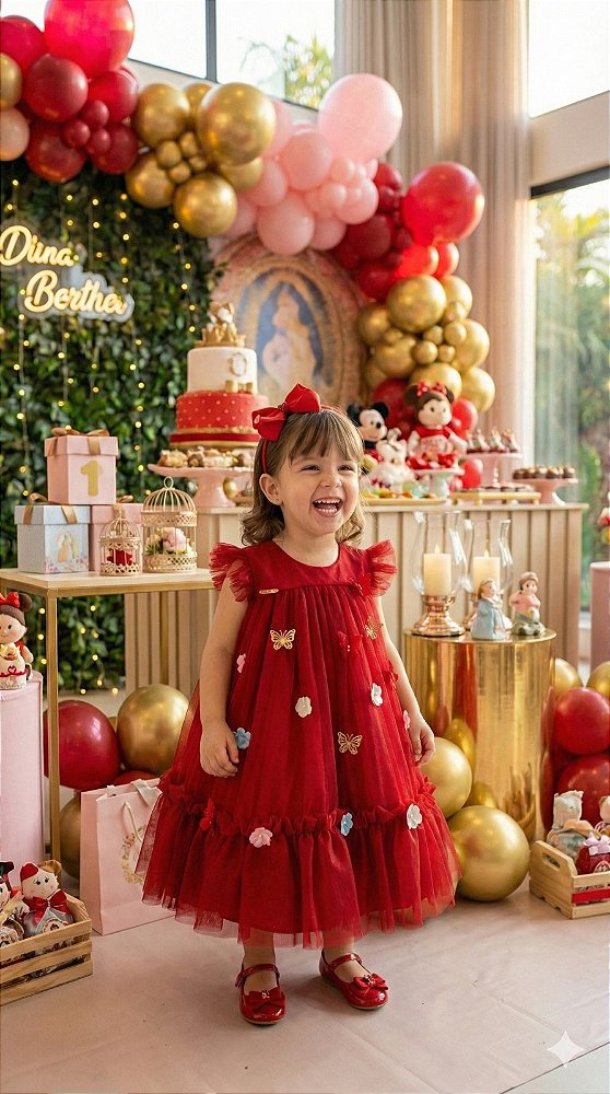 Vestido Vila Lele Jardim das Borboletas Baby Liz Vermelho