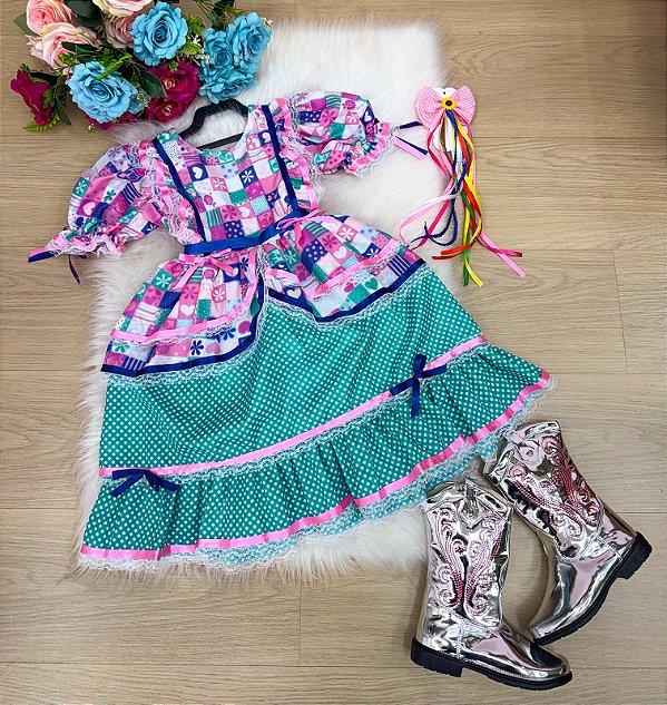 Vestido Bella Child Junino Celebração Caipira Verde Tiffany