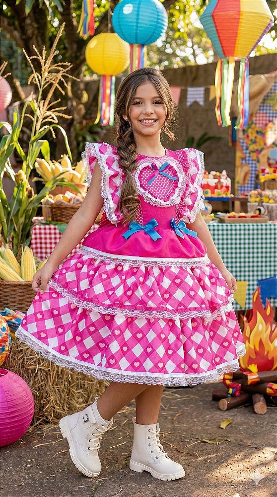 Vestido Bella Child Junino Quermesse do Coração Pink