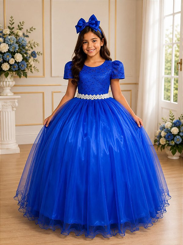 Vestido Enjoy Longo Laura Peito rendado Azul Royal