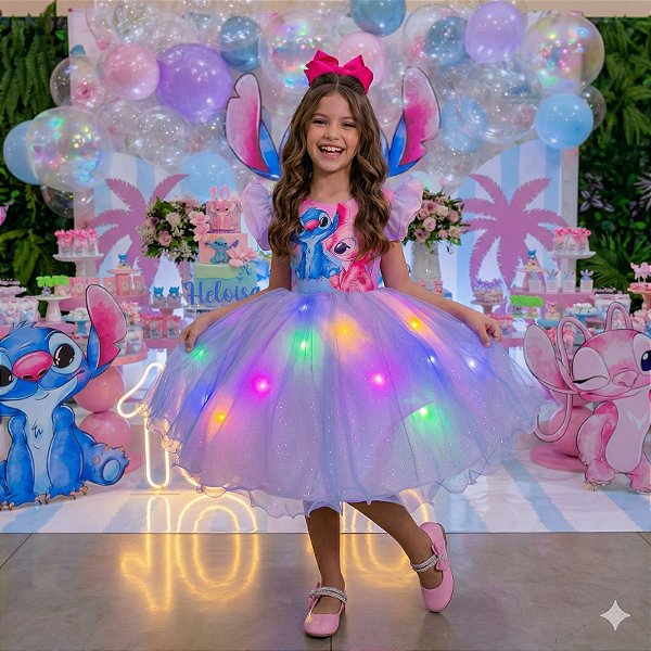 Vestido Tematicos Ysa Kids Lilo Stitch Rosa Bebe com Led