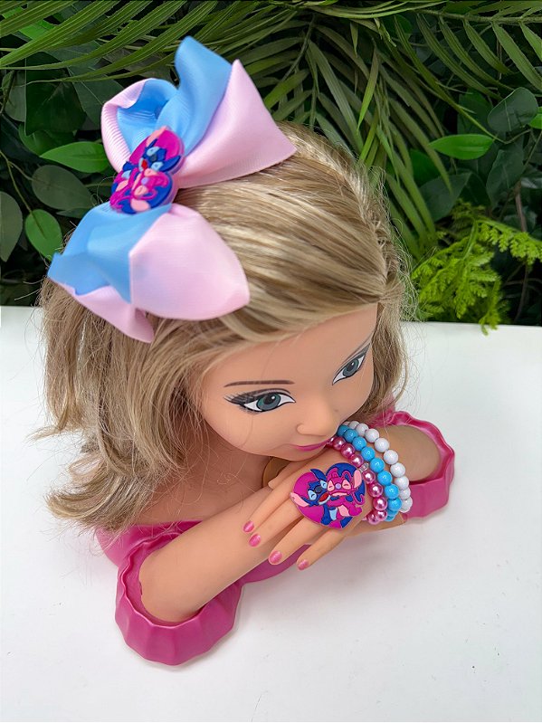 Laço Belli Tematico Stitch e angel + Pulseira Rosa e Azul