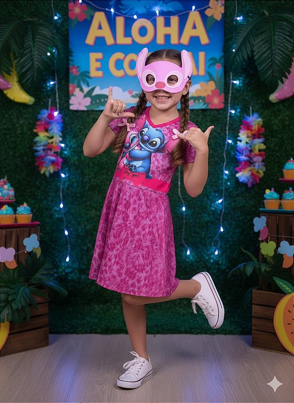 Fantasia Menina Stitch e Angel Rosa