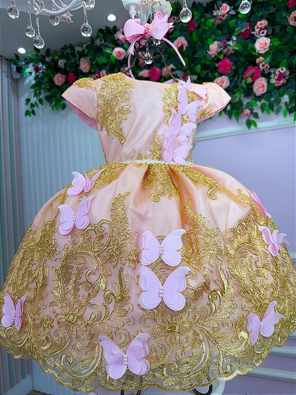 Vestido Marie Jardim Encantado Rosa e Dourado