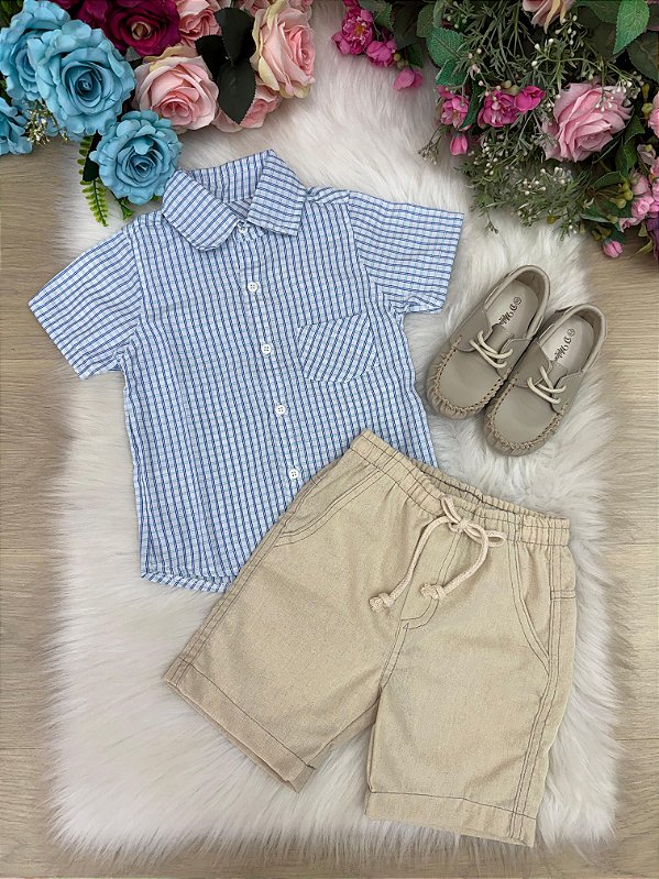 Conjunto Meninos Lucas Banana Club Shorts Camisa Azul Listrada