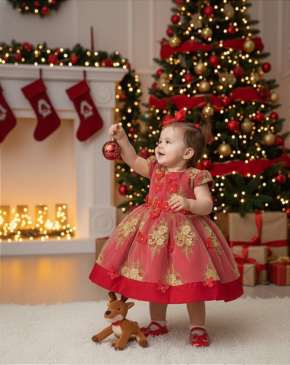 Vestido Marie Marcelina Jardim Encantado Vermelho com Dourado