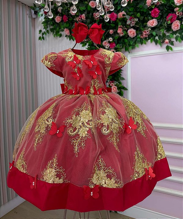 Vestido Marie Marcelina Jardim Encantado Vermelho com Dourado