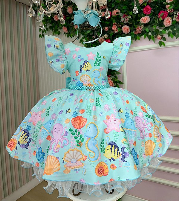 Vestido Tematicos Kids Fundo do Mar - Sereia Ariel Modelo 2 Tiffany