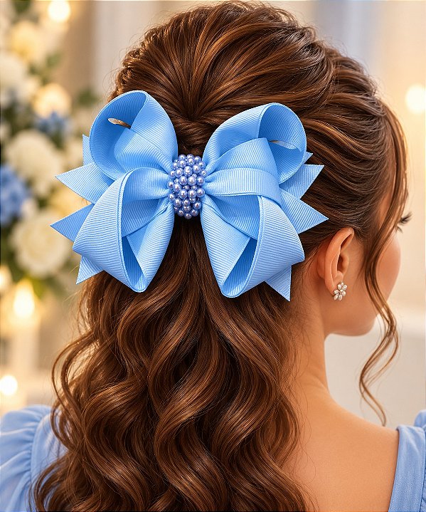 Laço Belli Bico de Pato Azul Bebe Miolo de Perolas