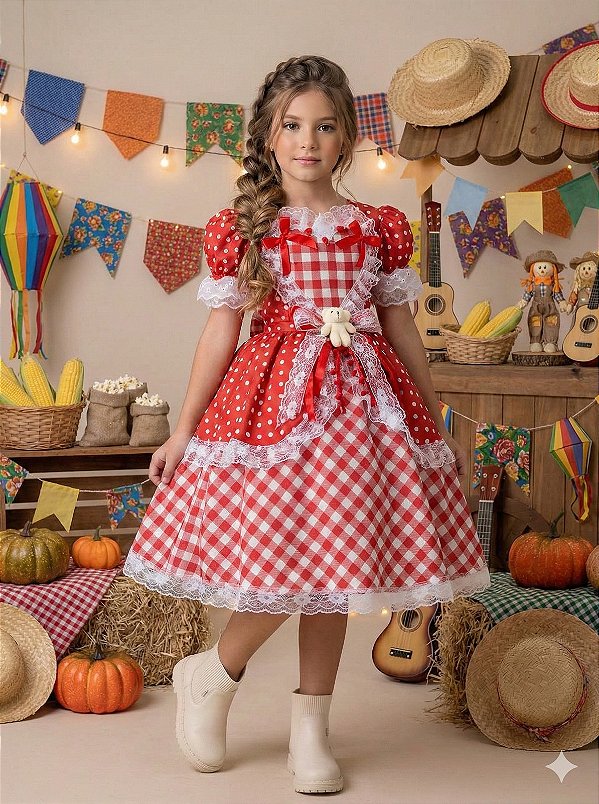Vestido Marie Junino Luxo Ursinho do Sertão Vermelho