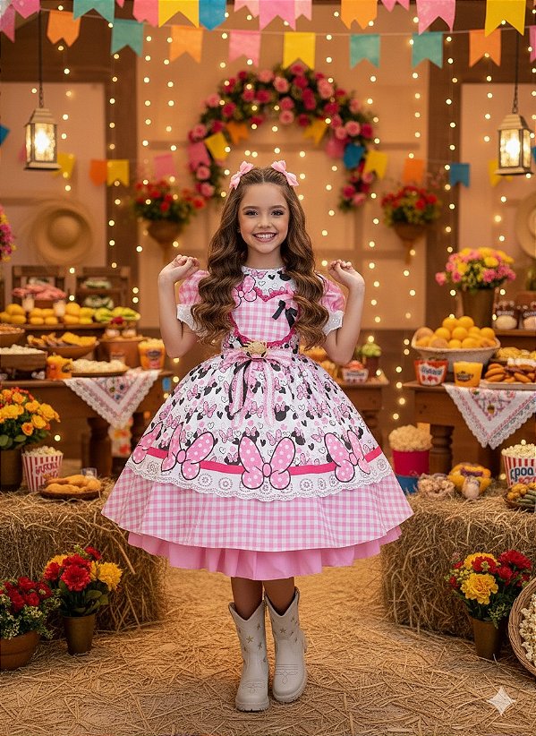 Vestido Junino Tematico Luxo Minnie/Minei Rosa