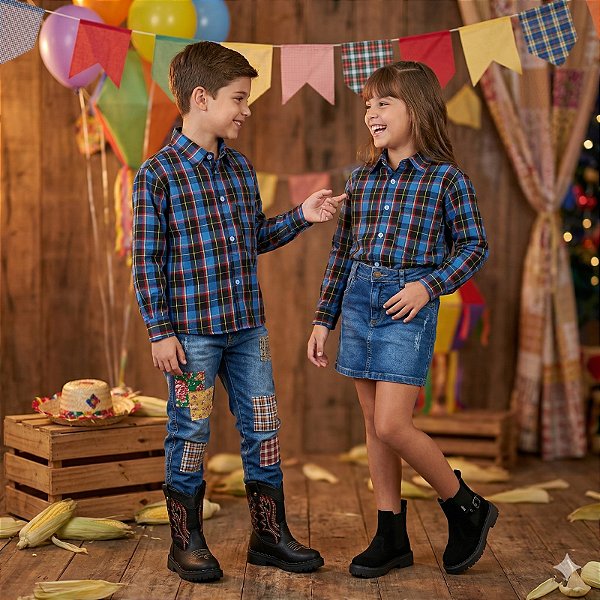 Camisa Junina Xadrez Breno Azul